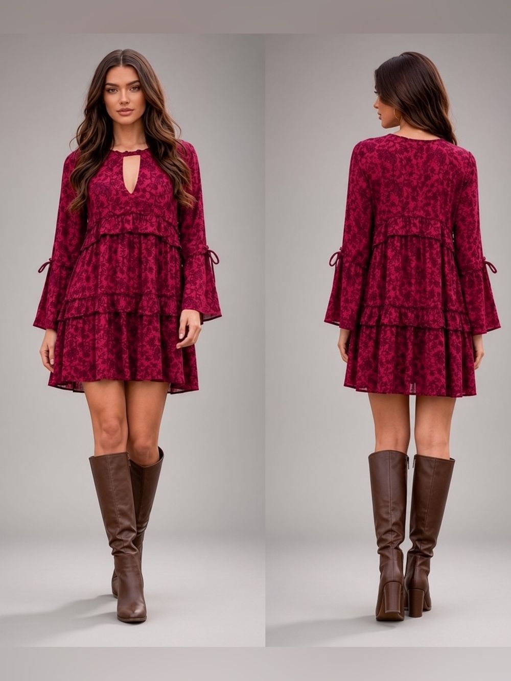 American Eagle Floral Boho Mini Dress Small Raspberry Pink Ruffles & Tassels